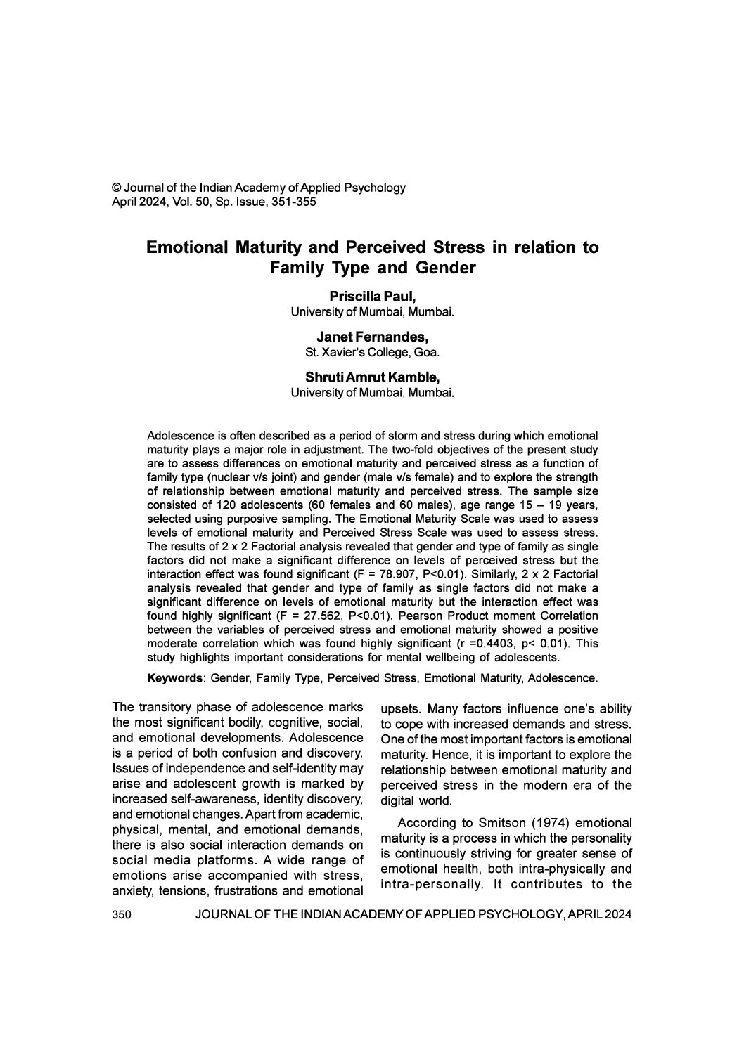 Emotional Maturity and Perceived Stress in Relation to  Family Type and Gender